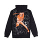 Black hoodie with orange character design on the back against a white background