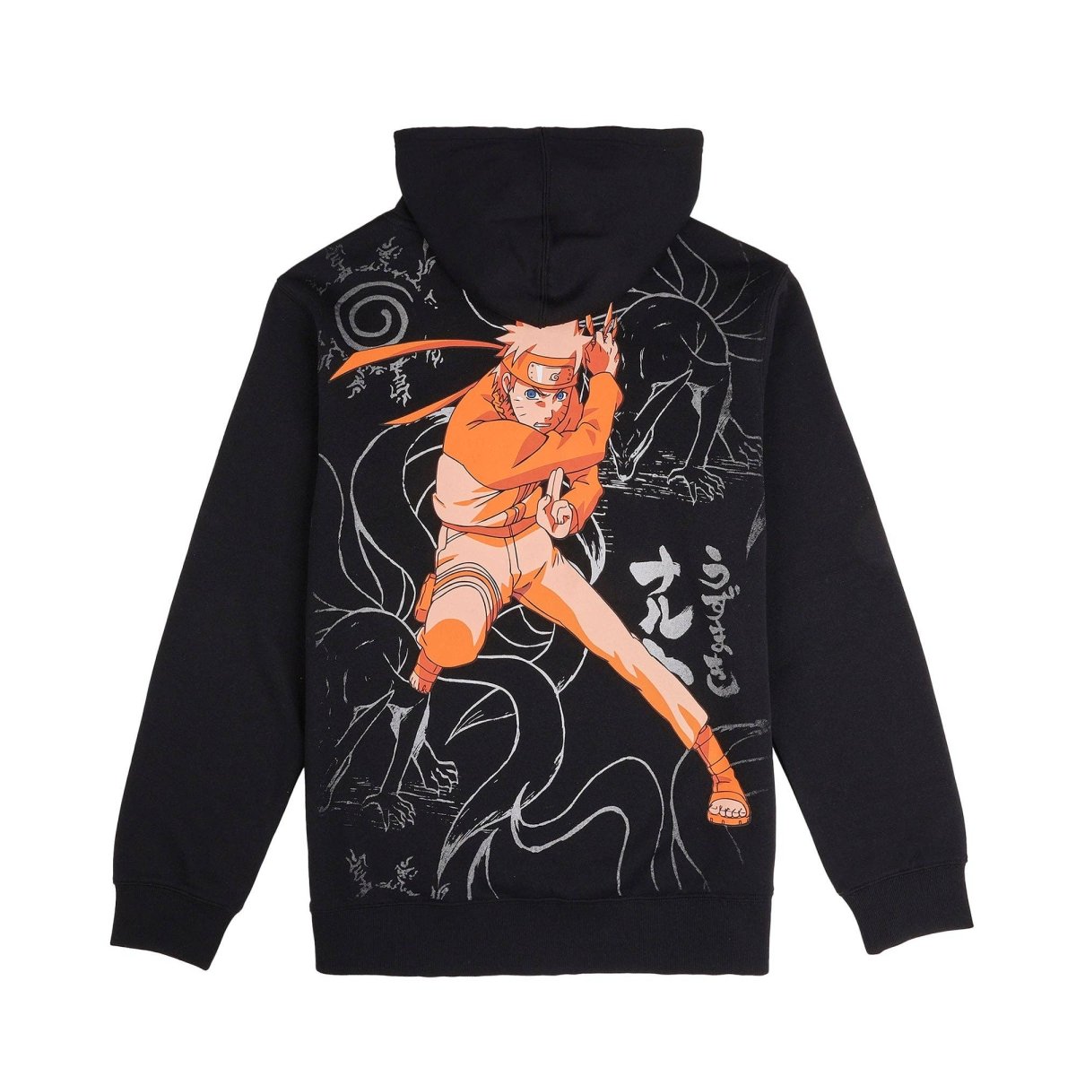Black hoodie with orange character design on the back against a white background