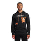 Person wearing a black hoodie with graphic design on a white background