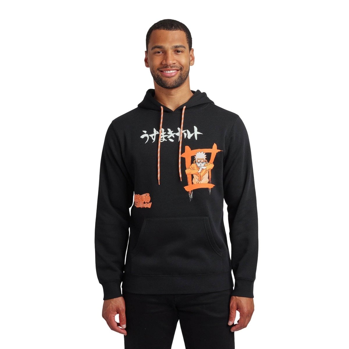Person wearing a black hoodie with graphic design on a white background