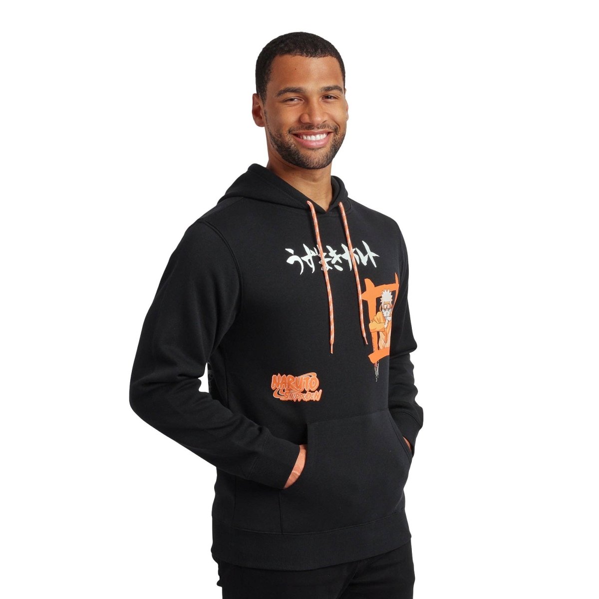 Man wearing a black hoodie with orange and white designs on a white background