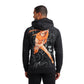 A man viewed from the back wearing a black hoodie with a large orange anime-style graphic printed across the back, set against a plain white background.