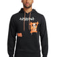 Black hoodie with cartoon design and text worn by a person on a white background