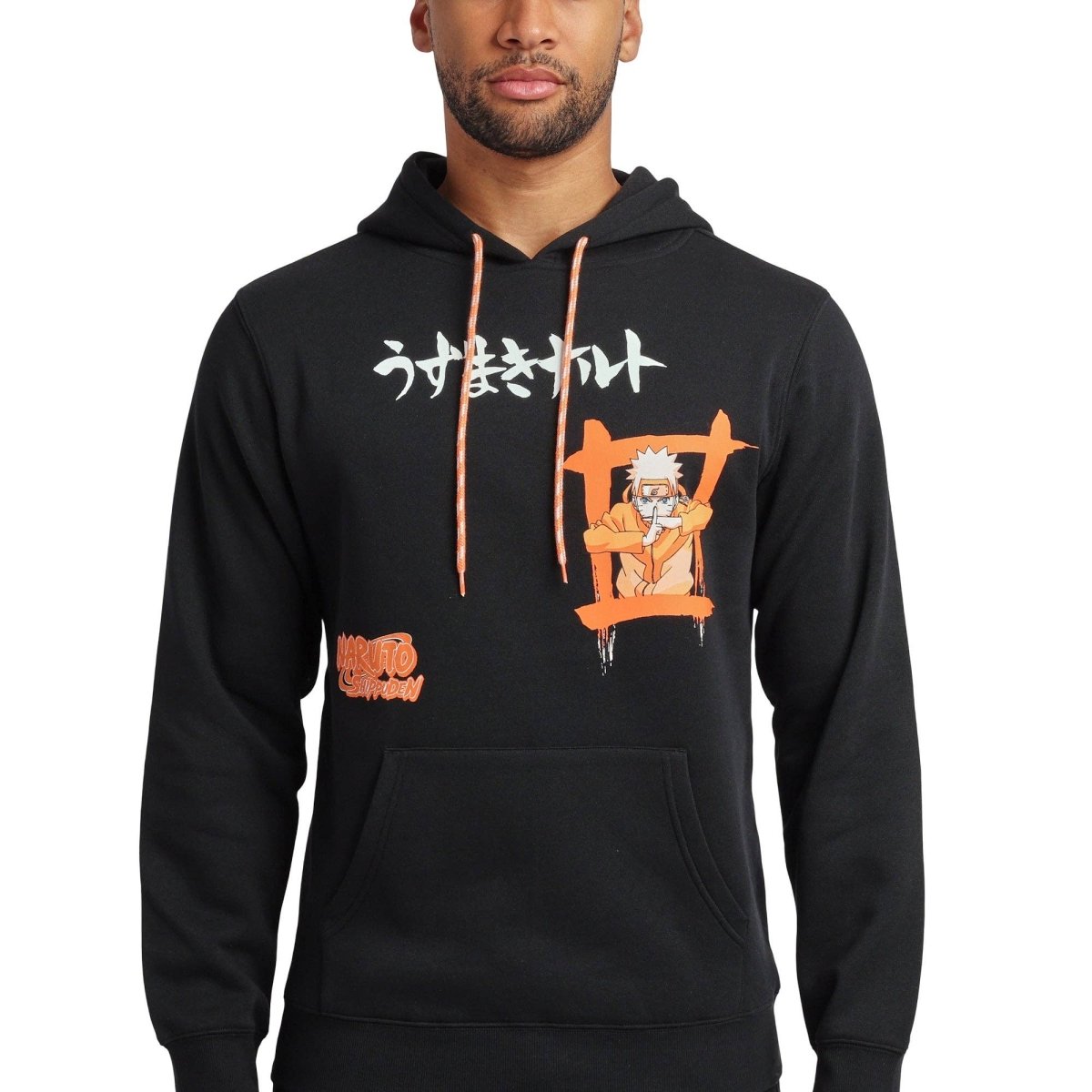 Black hoodie with cartoon design and text worn by a person on a white background