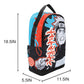 Backpack with anime character design and measurements on a white background