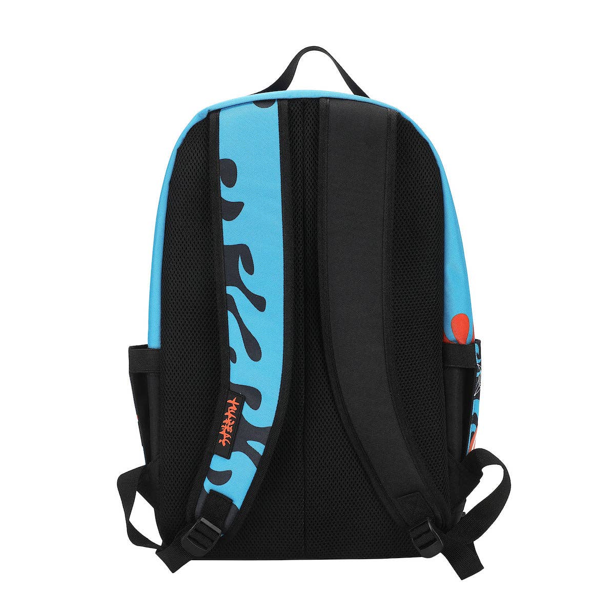 Black and blue backpack with branding on a white background