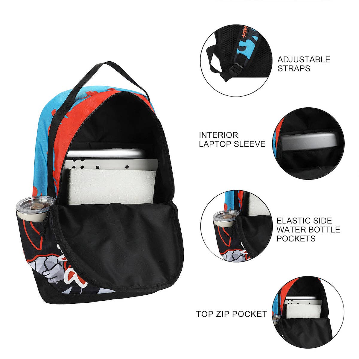 Backpack with features highlighted on a white background