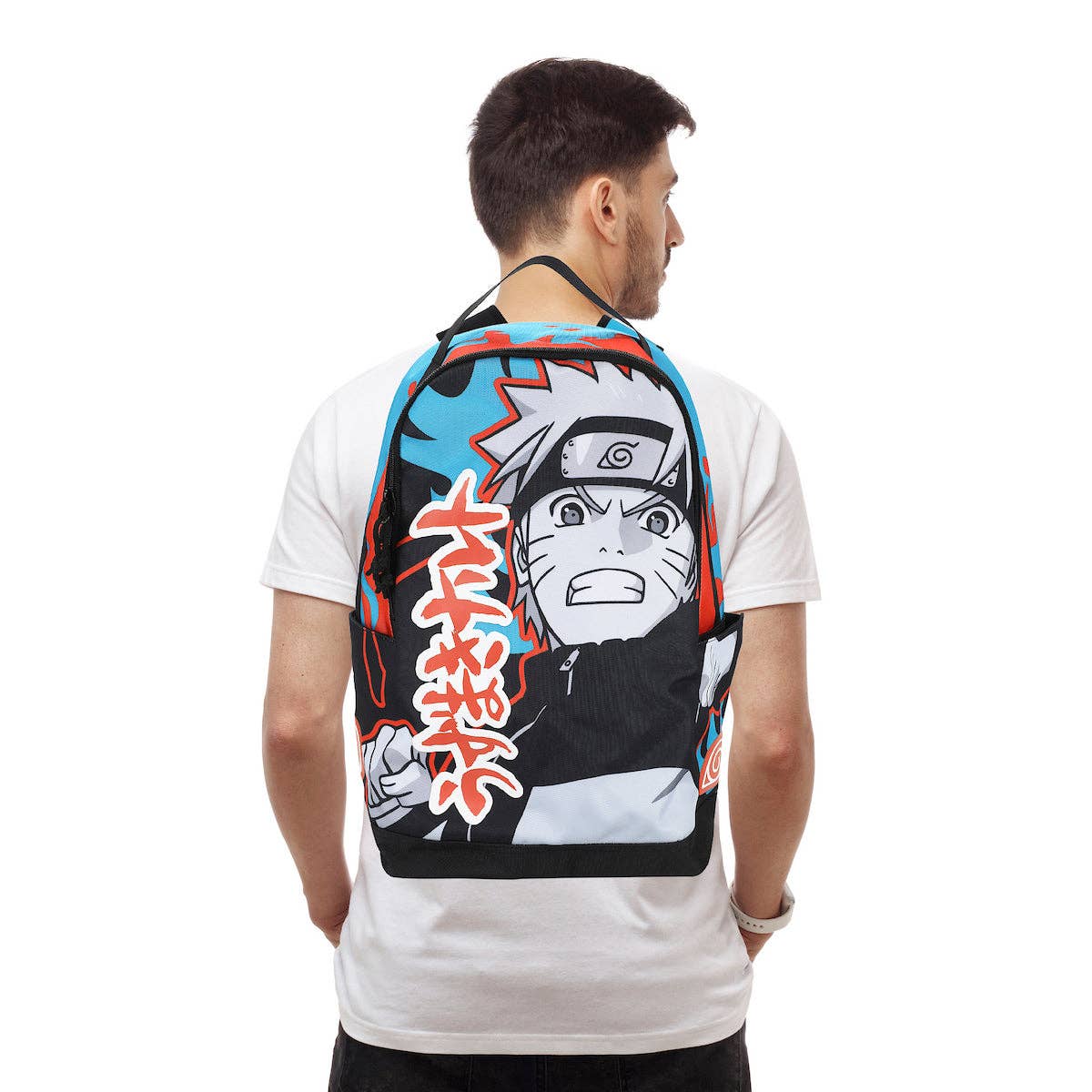 Person wearing a backpack with anime character design on a white background