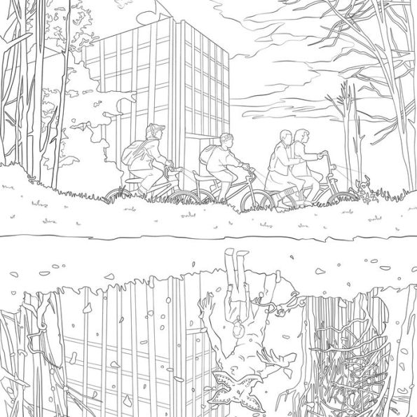 Black and white line drawing of people on bicycles in a forest with a building in the background.