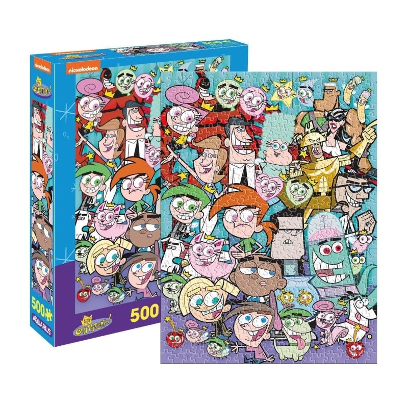 Puzzle box with colorful cartoon characters and a grid layout on a white background