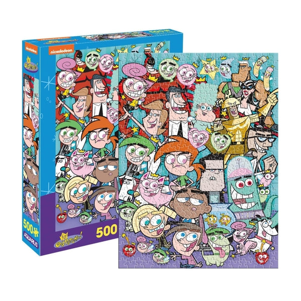 Puzzle box with colorful cartoon characters and a grid layout on a white background