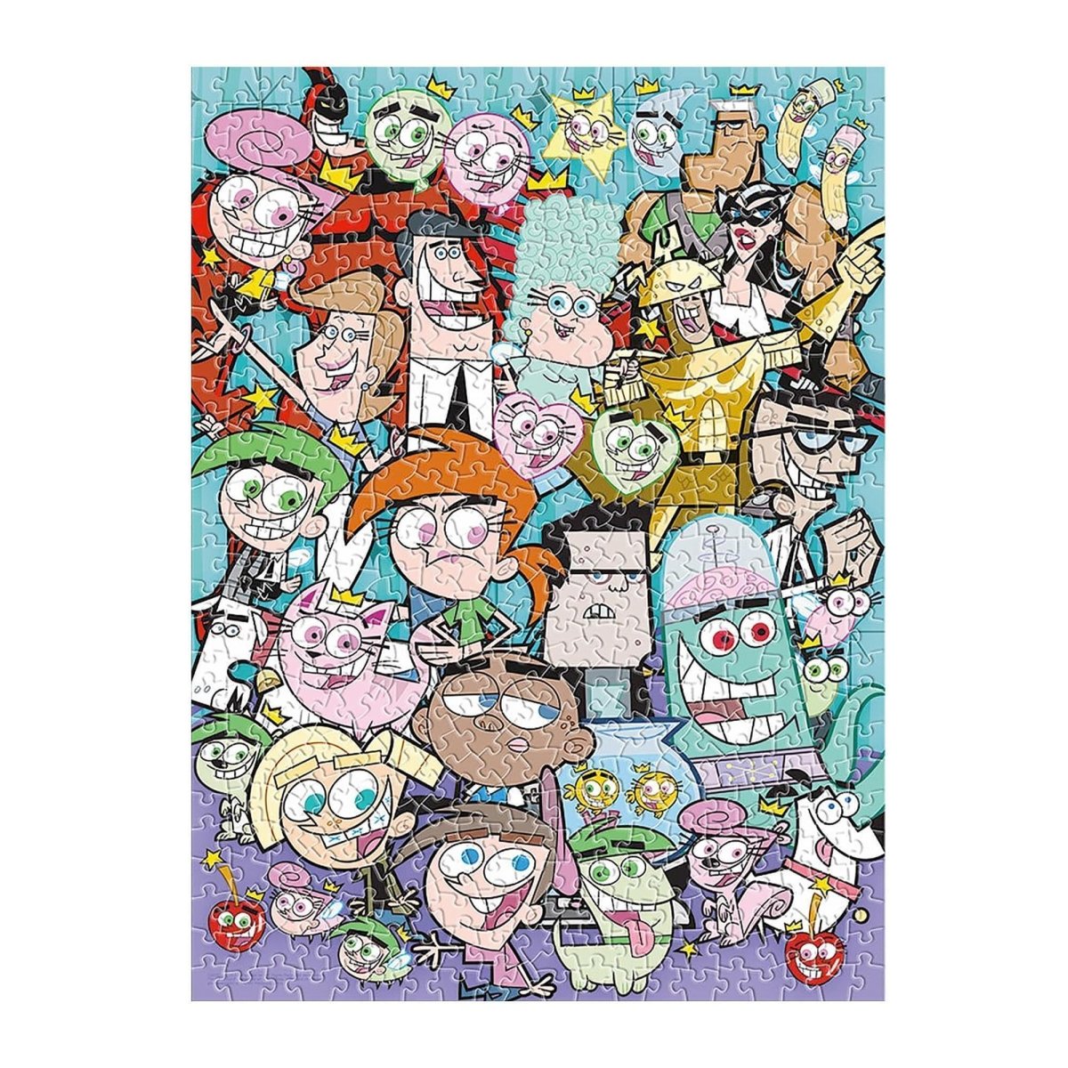 Jigsaw puzzle with colorful cartoon characters on a blue background