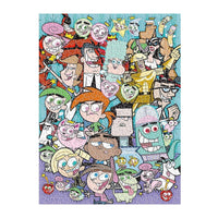 Jigsaw puzzle with colorful cartoon characters on a blue background