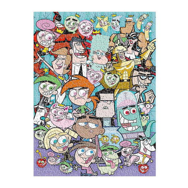 Jigsaw puzzle with colorful cartoon characters on a blue background
