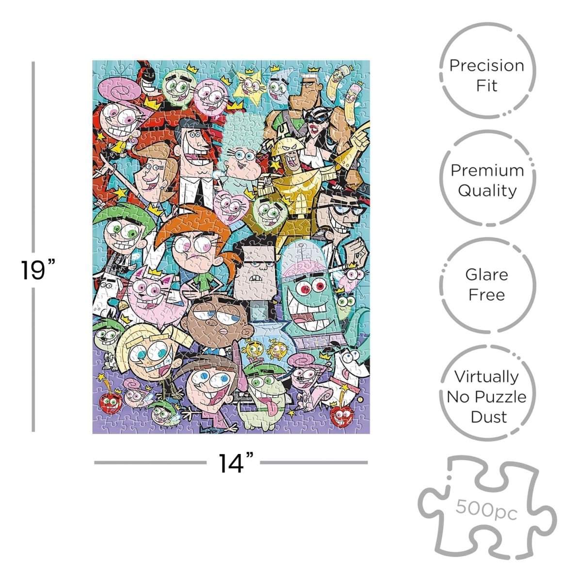 Jigsaw puzzle with cartoon characters and product features on a white background