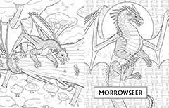 Two dragons coloring book pages with 'Morrowseer' branding.