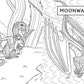 Coloring book page with two dragons and a child, labeled 'Moonwatcher'.
