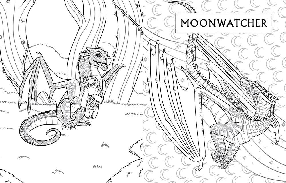 Coloring book page with two dragons and a child, labeled 'Moonwatcher'.