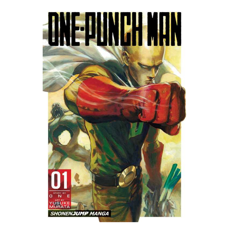 One-Punch Man Volume 1 manga book cover featuring Saitama in his signature red and green outfit, with the title 'ONE-PUNCH MAN' at the top and the Shonen Jump Manga logo at the bottom.