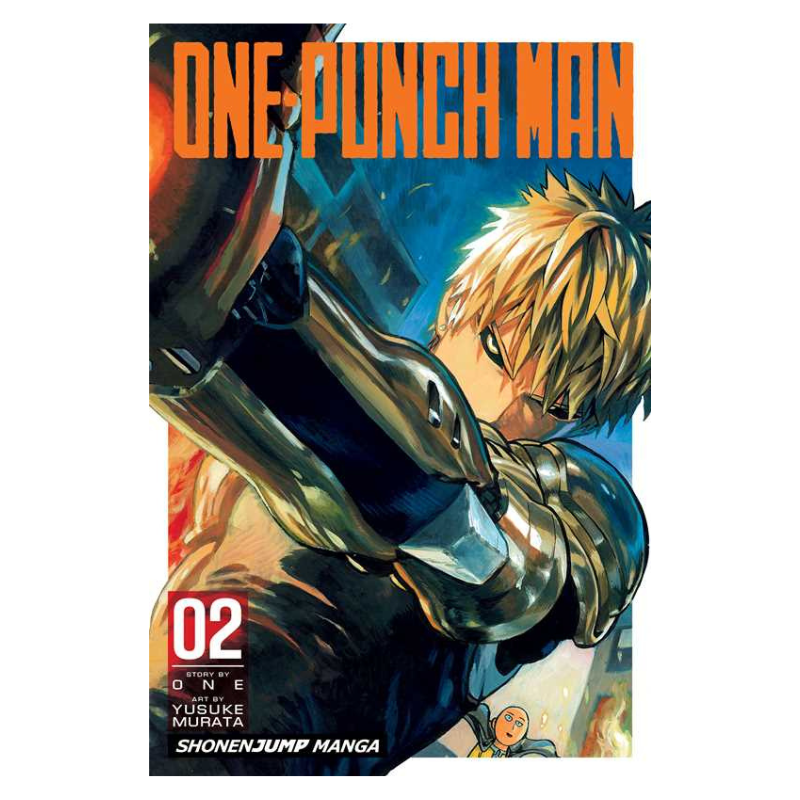 One-Punch Man Volume 2 manga book cover featuring the character Punch Man in metallic armor aiming a weapon, with the title 'ONE-PUNCH MAN' in large orange letters at the top and the volume number '02' in a red box near the bottom left.