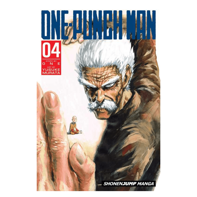 One Punch Man Volume 4 manga book cover featuring a large illustrated hand in the foreground and a muscular man with white hair and a mustache behind it. The title 'ONE PUNCH MAN' appears in large blue letters at the top, with a red '04' volume box and 'SHONENJUMP MANGA' text at the bottom.