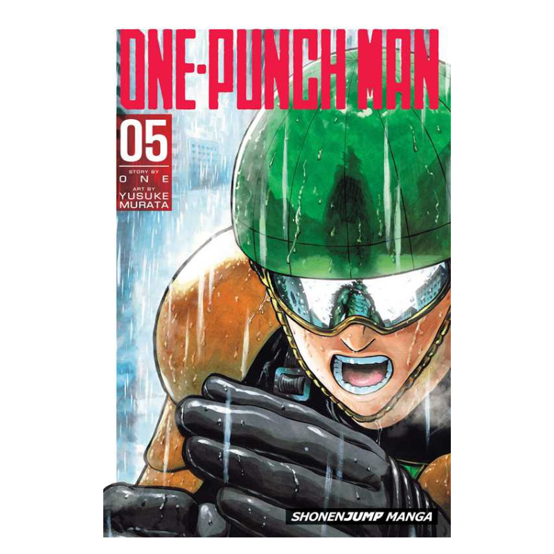 One-Punch Man Volume 5 manga book cover, featuring the title in bold red letters at the top, with an illustrated character wearing a green helmet and black gloves in the rain. The Shonen Jump Manga logo is visible at the bottom.