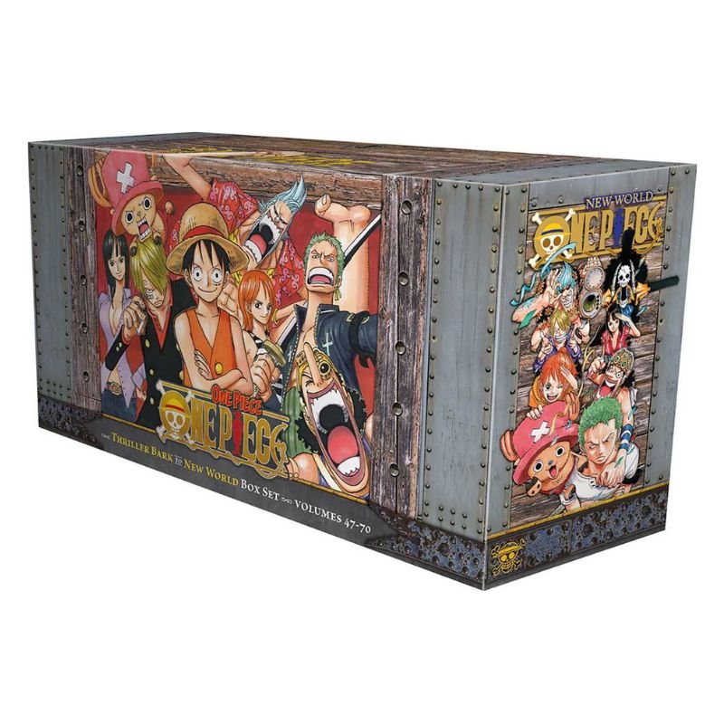 A large collectible box set for the anime series One Piece, featuring detailed character artwork on the front and side panels with a metallic riveted steel design.
