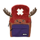 Backpack with a reindeer design featuring a red hat with a white 'X' and brown antlers on a white background.