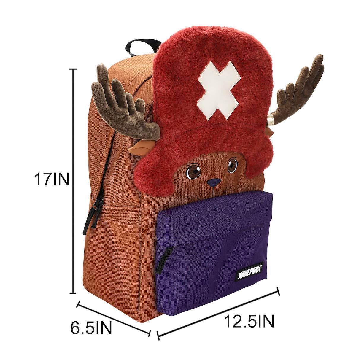 Backpack with reindeer design and measurements on a white background