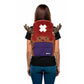 Person wearing a backpack with a cartoon character design on a white background