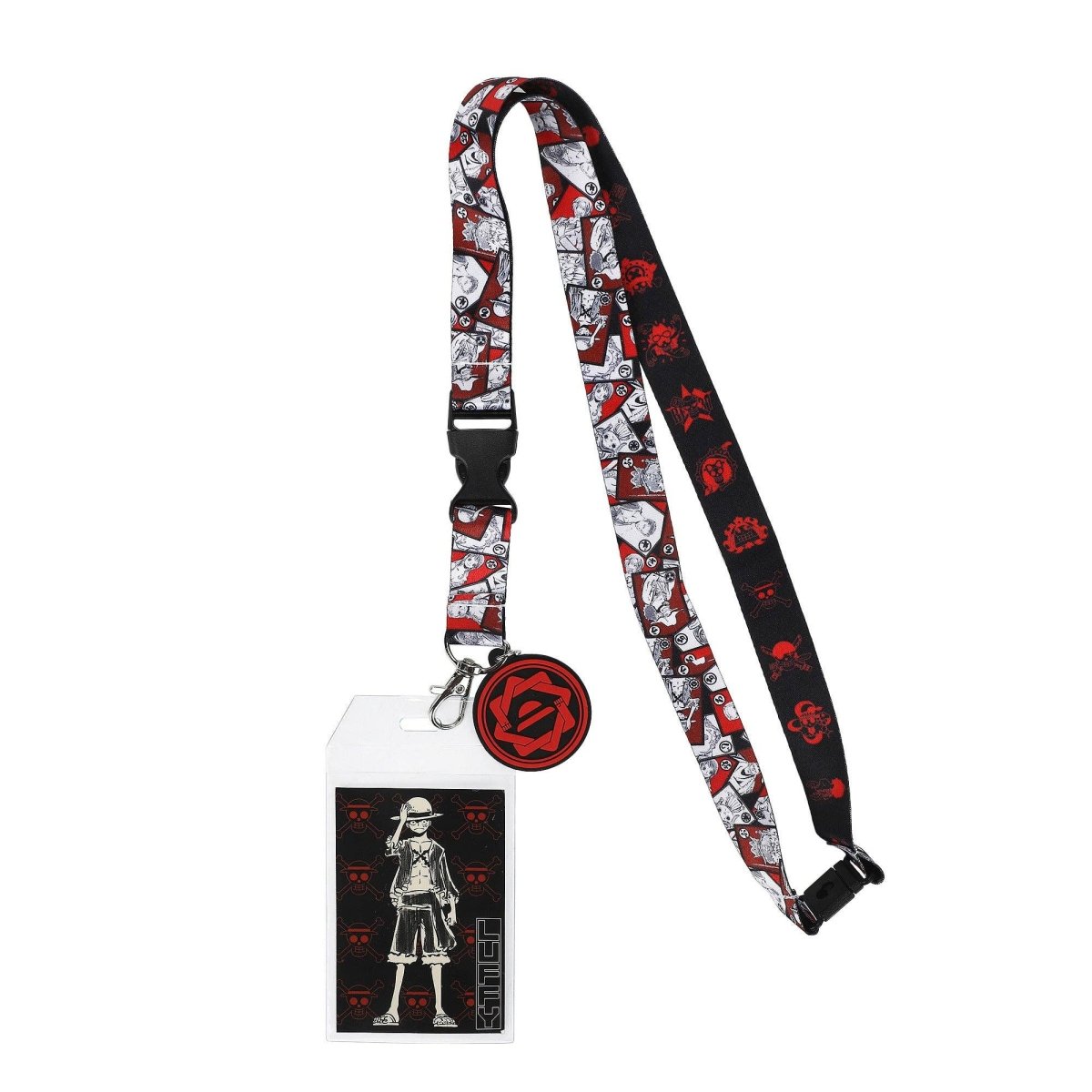 Lanyard with character design and attached badge holder on a white background