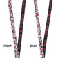 Two black lanyards shown side by side on a white background, labeled FRONT and BACK. The front lanyard has a white, red, and black graphic pattern, while the back lanyard has a repeating red skull and crossbones motif on a black background.