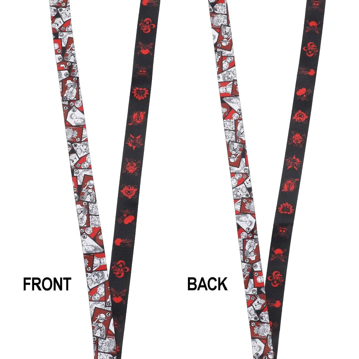 Two black lanyards shown side by side on a white background, labeled FRONT and BACK. The front lanyard has a white, red, and black graphic pattern, while the back lanyard has a repeating red skull and crossbones motif on a black background.