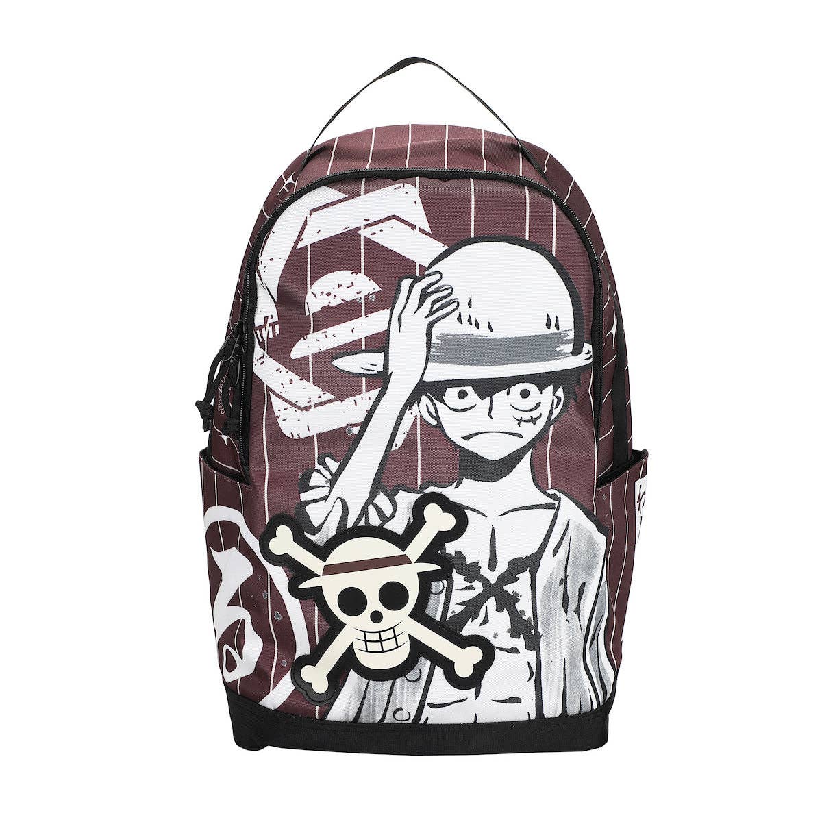 Backpack with anime character and skull design on a white background