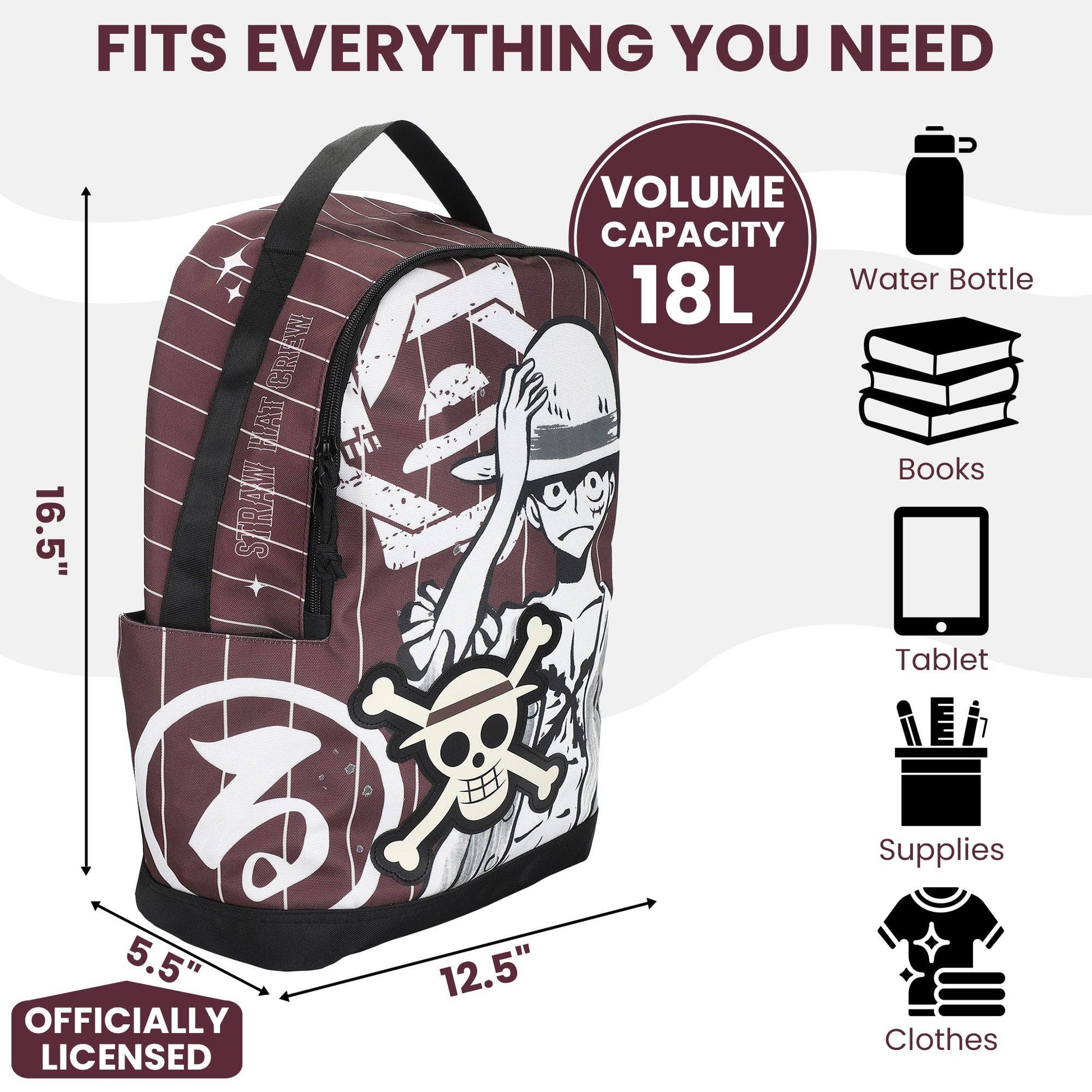 Backpack with volume capacity 18L and dimensions displayed, featuring an officially licensed design.
