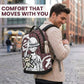 Man with a stylish backpack and water bottle in an urban setting, with text 'Comfort That Moves With You'.
