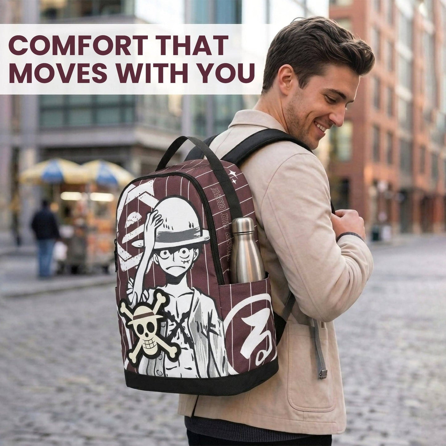 Man with a stylish backpack and water bottle in an urban setting, with text 'Comfort That Moves With You'.