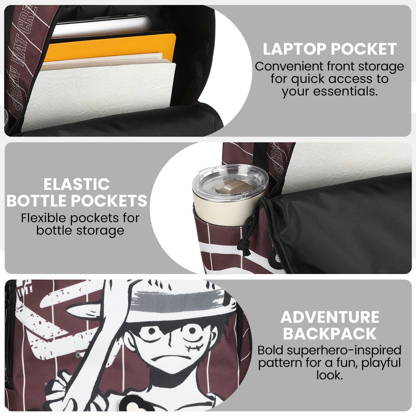 Backpack with laptop pocket, bottle pockets, and superhero design on a gray background