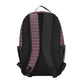 Backpack with black straps and a purple striped pattern on a white background