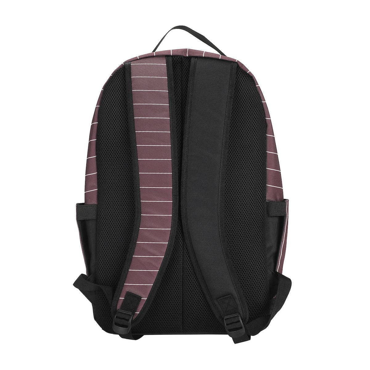 Backpack with black straps and a purple striped pattern on a white background