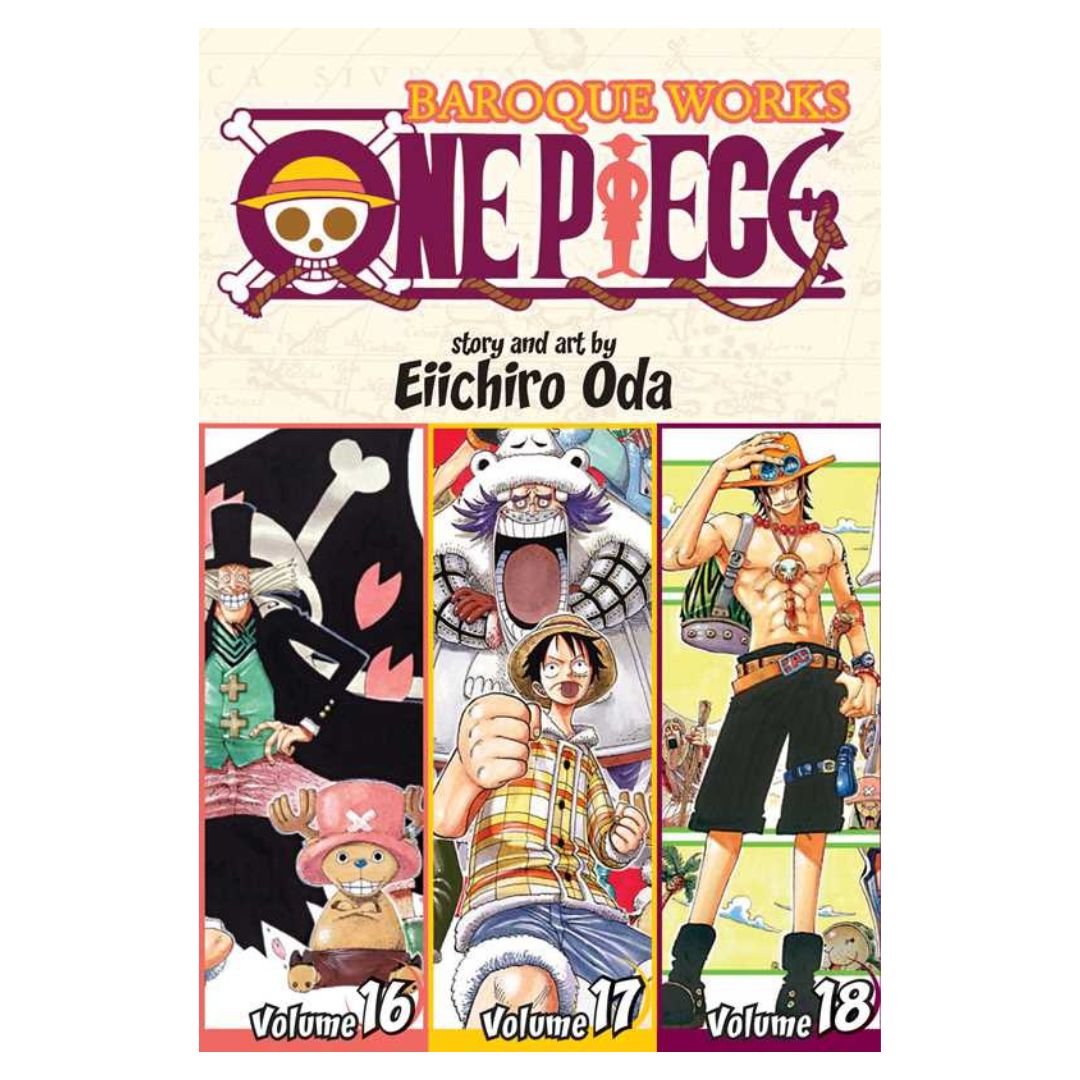 Cover of 'One Piece' manga volumes 16, 17, and 18 by Eiichiro Oda.