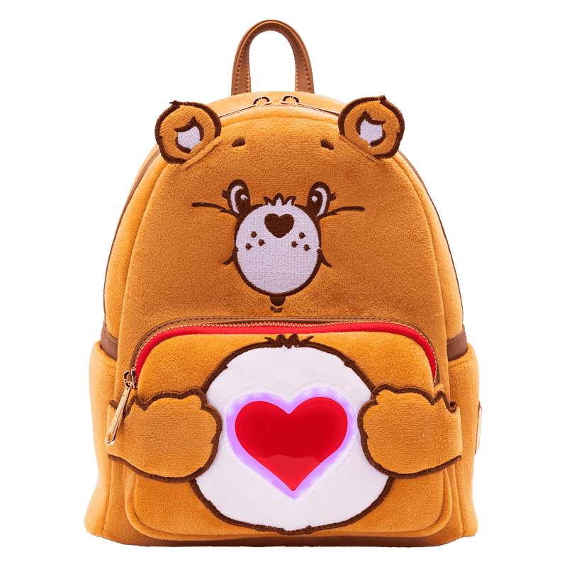 Tenderheart Bear Loungefly Care Bears cosplay backpack displayed with plush ears and heart emblem