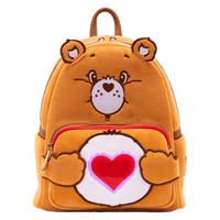 Tenderheart Bear Loungefly Care Bears cosplay backpack displayed with plush ears and heart emblem