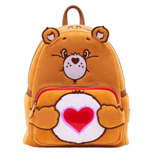 Tenderheart Bear Loungefly Care Bears cosplay backpack displayed with plush ears and heart emblem