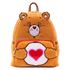 Tenderheart Bear Loungefly Care Bears cosplay backpack displayed with plush ears and heart emblem
