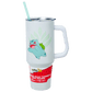 White tumbler with cartoon character and straw on a white background