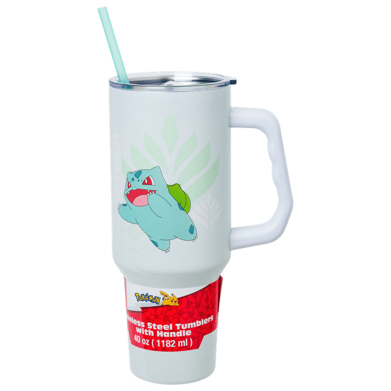 White tumbler with cartoon character and straw on a white background
