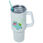 White tumbler with a cartoon frog design on a white background