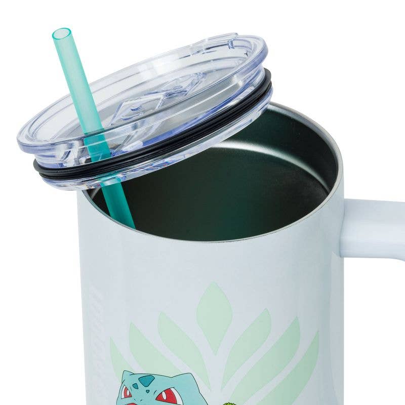 Mug with cartoon character design, clear lid, and straw on a white background