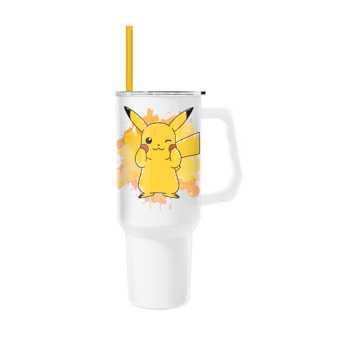White tumbler with a cartoon character design on a white background